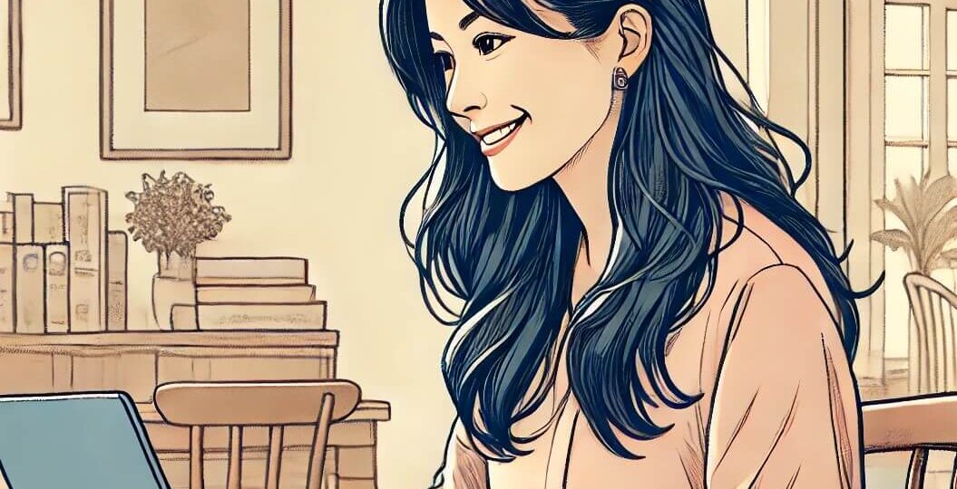 Illustration of a freelance writer working on a laptop at home with a warm, cozy setting.