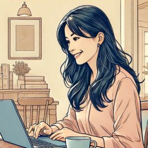 Illustration of a freelance writer working on a laptop at home with a warm, cozy setting.