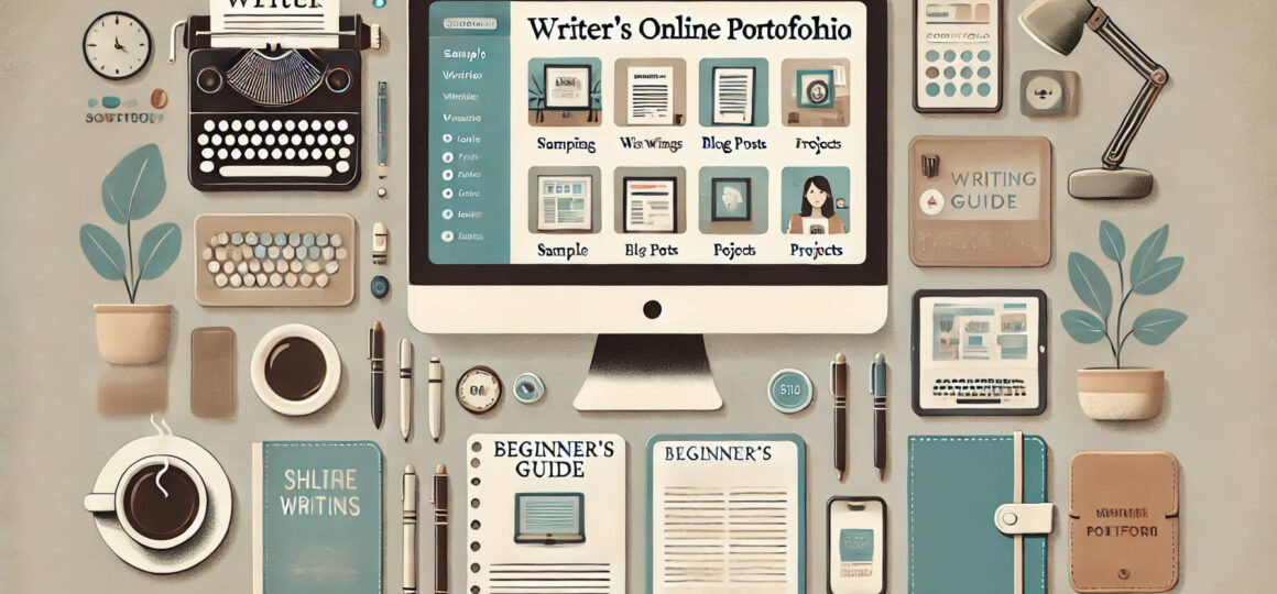 Illustration of a writer’s online portfolio setup with various creative tools, including a typewriter, computer, notebooks, and writing guides.