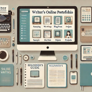 Illustration of a writer’s online portfolio setup with various creative tools, including a typewriter, computer, notebooks, and writing guides.